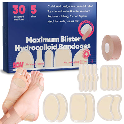 LivaClean Health (30 CT) Blister Bandages for Feet Runners Heels & Active Movement - Water Resistant Hydrocolloid Blister Adhesive Blister Pads Blister Prevention for Fingers Toes Forefoot